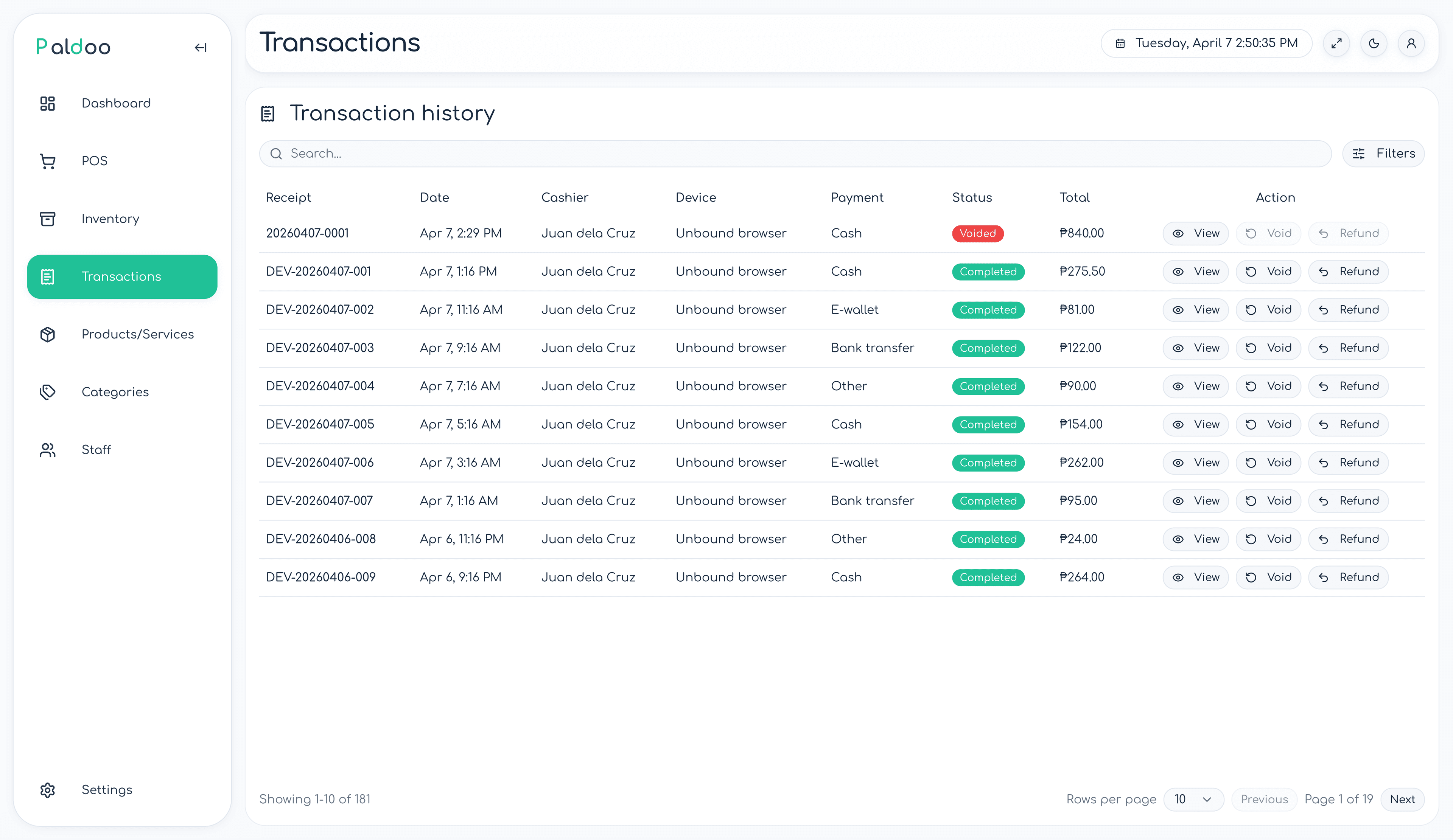 Transaction history